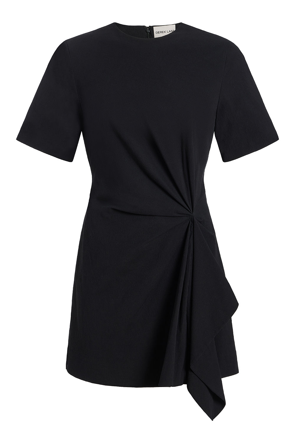 A black short-sleeve dress with a gathered twist detail at the waist and an asymmetrical draped hem, shown on a plain white background.
