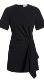 A black short-sleeve dress with a gathered twist detail at the waist and an asymmetrical draped hem, shown on a plain white background.
