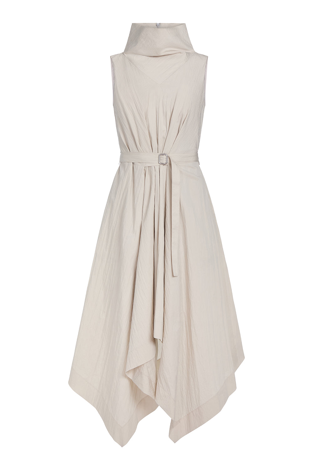 A sleeveless high-neck midi dress in a light cream or off-white color, featuring a self-tie waist belt and an asymmetrical draped hemline, shown against a plain white background.