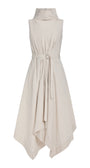 A sleeveless high-neck midi dress in a light cream or off-white color, featuring a self-tie waist belt and an asymmetrical draped hemline, shown against a plain white background.