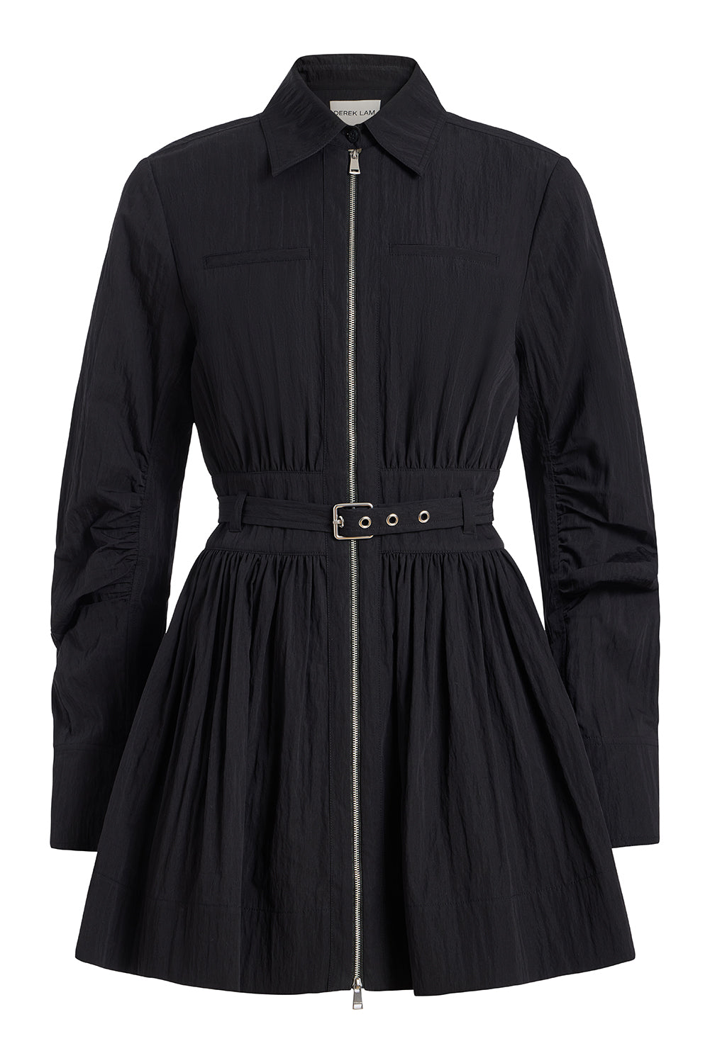 A black long-sleeve mini dress with a zip-up front, pointed collar, and a matching fabric tie belt with a gold-tone buckle, shown on a plain white background.
