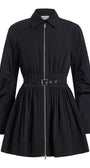 A black long-sleeve mini dress with a zip-up front, pointed collar, and a matching fabric tie belt with a gold-tone buckle, shown on a plain white background.