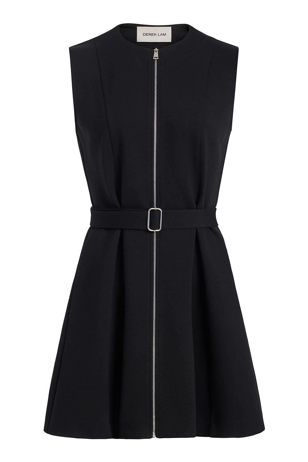 A black sleeveless fit-and-flare dress with a front zipper, a matching waist belt with a silver buckle, shown on a plain white background.