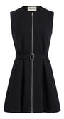 A black sleeveless fit-and-flare dress with a front zipper, a matching waist belt with a silver buckle, shown on a plain white background.