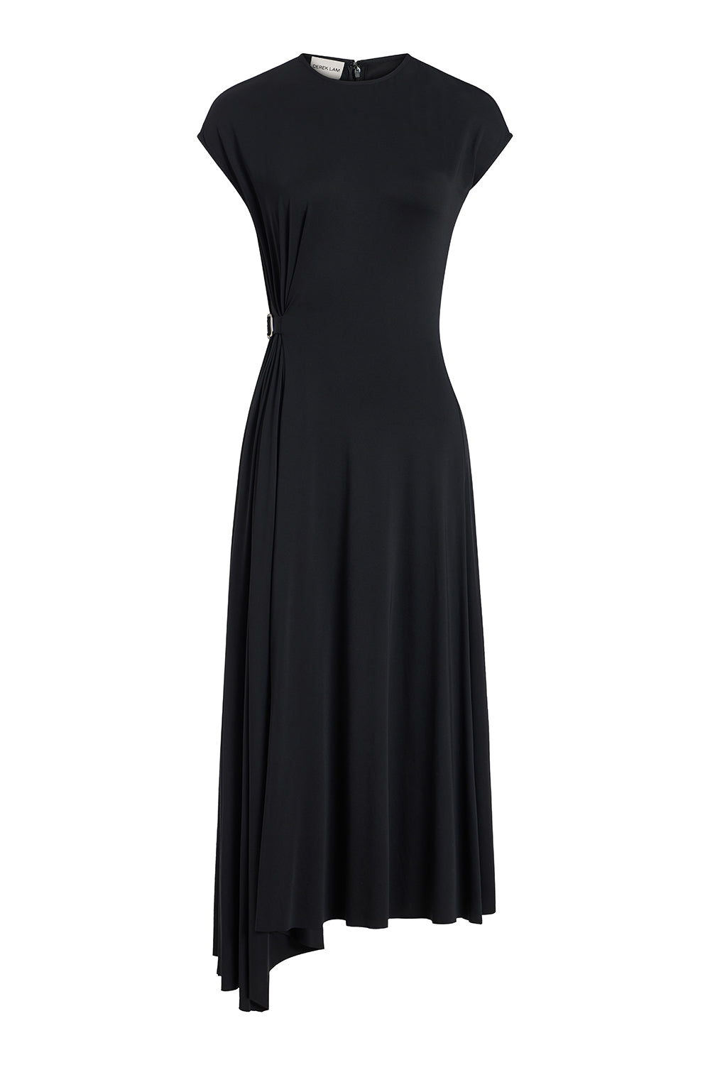 A black midi dress with cap sleeves, a round neckline, and an asymmetrical draped hemline, shown against a plain white background.