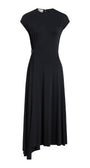 A black midi dress with cap sleeves, a round neckline, and an asymmetrical draped hemline, shown against a plain white background.