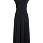 A black midi dress with cap sleeves, a round neckline, and an asymmetrical draped hemline, shown against a plain white background.