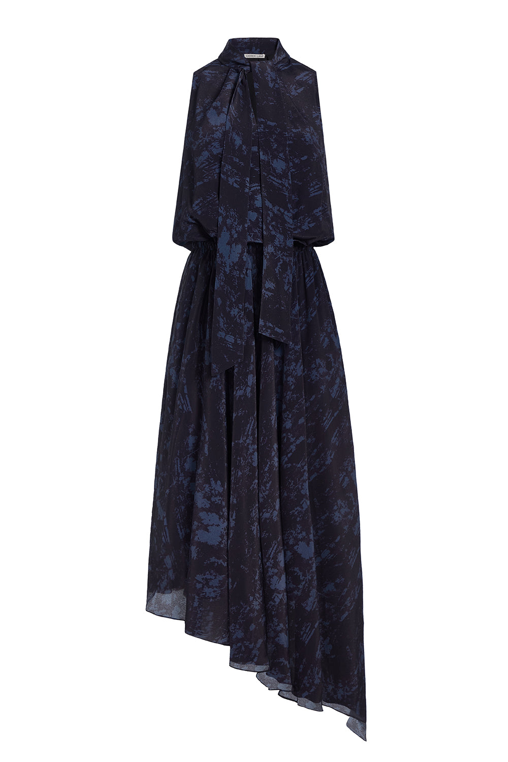 A sleeveless dark navy blue and black abstract patterned dress with a high collar, tie neckline, and asymmetrical draped skirt, shown on a plain white background.
