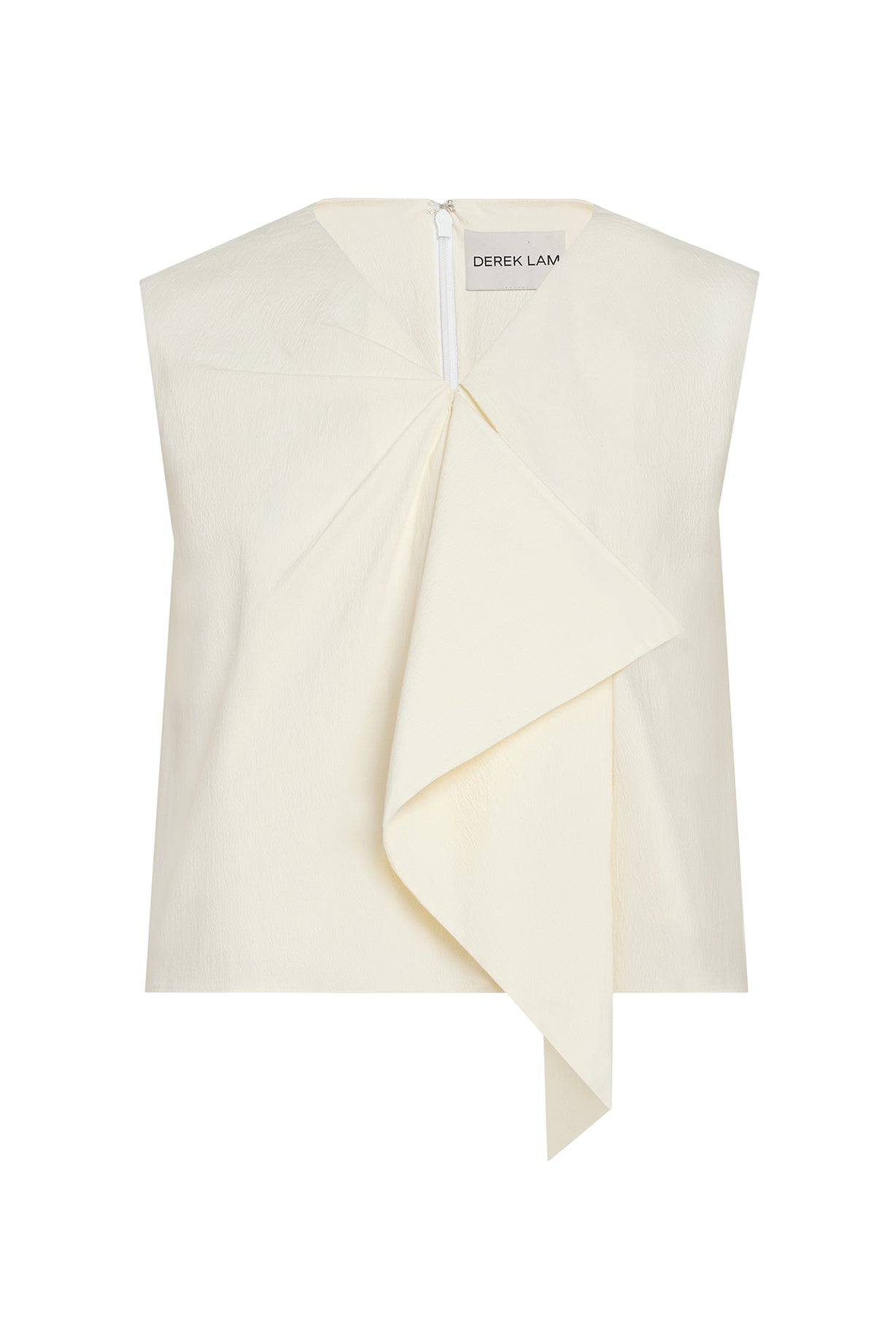 An off-white sleeveless top by Derek Lam, featuring a draped asymmetrical front overlay and a white zipper at the neckline, shown on a plain white background.