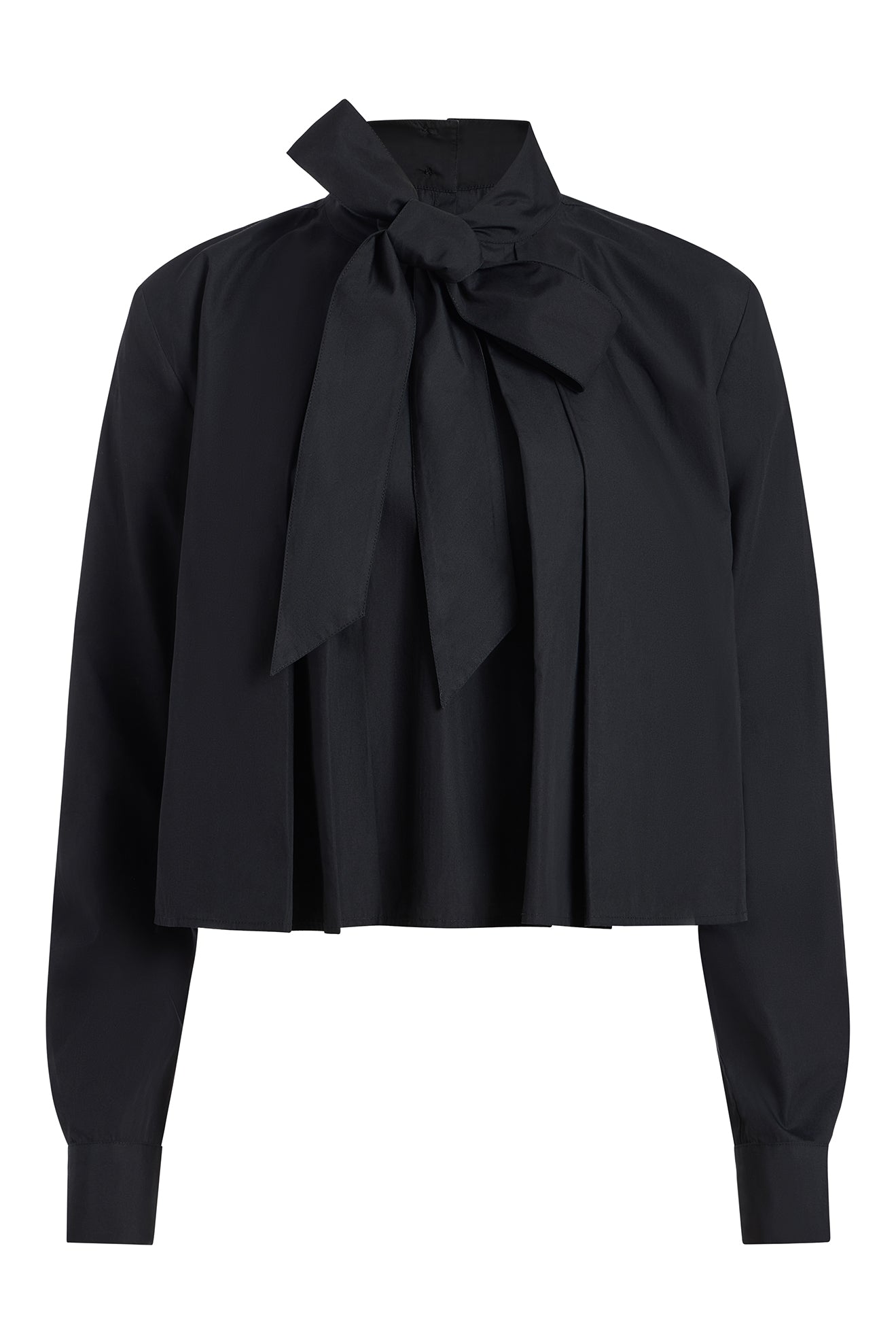 A black long-sleeve blouse with a high collar and a large bow tied at the front, shown on a plain white background.