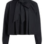 A black long-sleeve blouse with a high collar and a large bow tied at the front, shown on a plain white background.