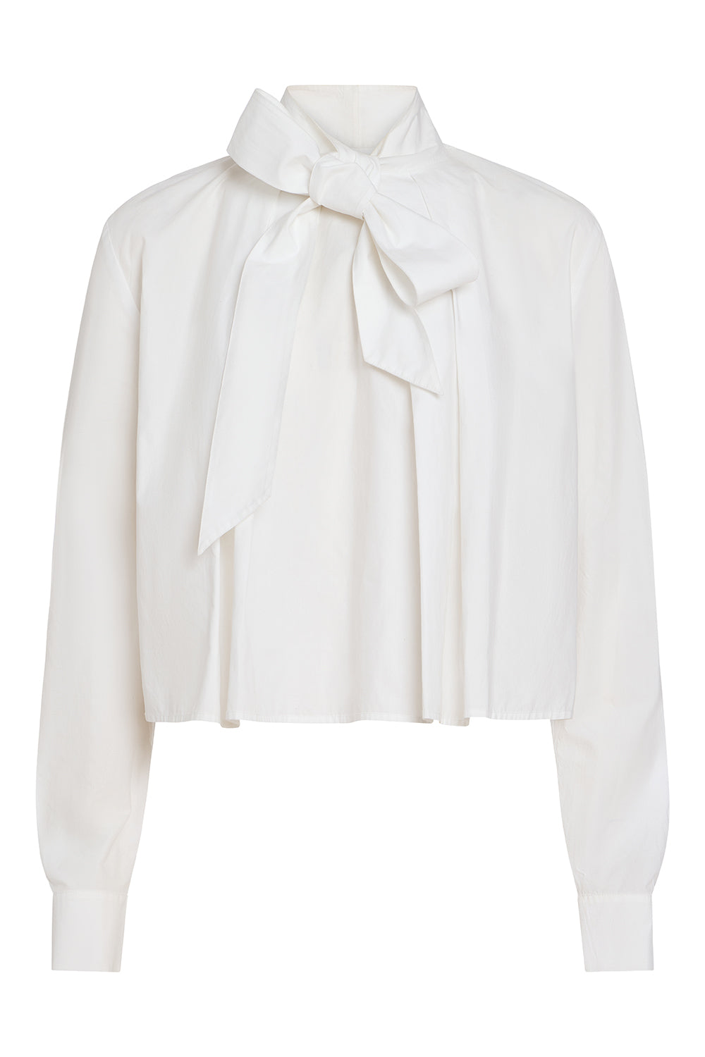A white long-sleeve blouse with a high collar and a large bow tied at the front, shown against a plain white background.