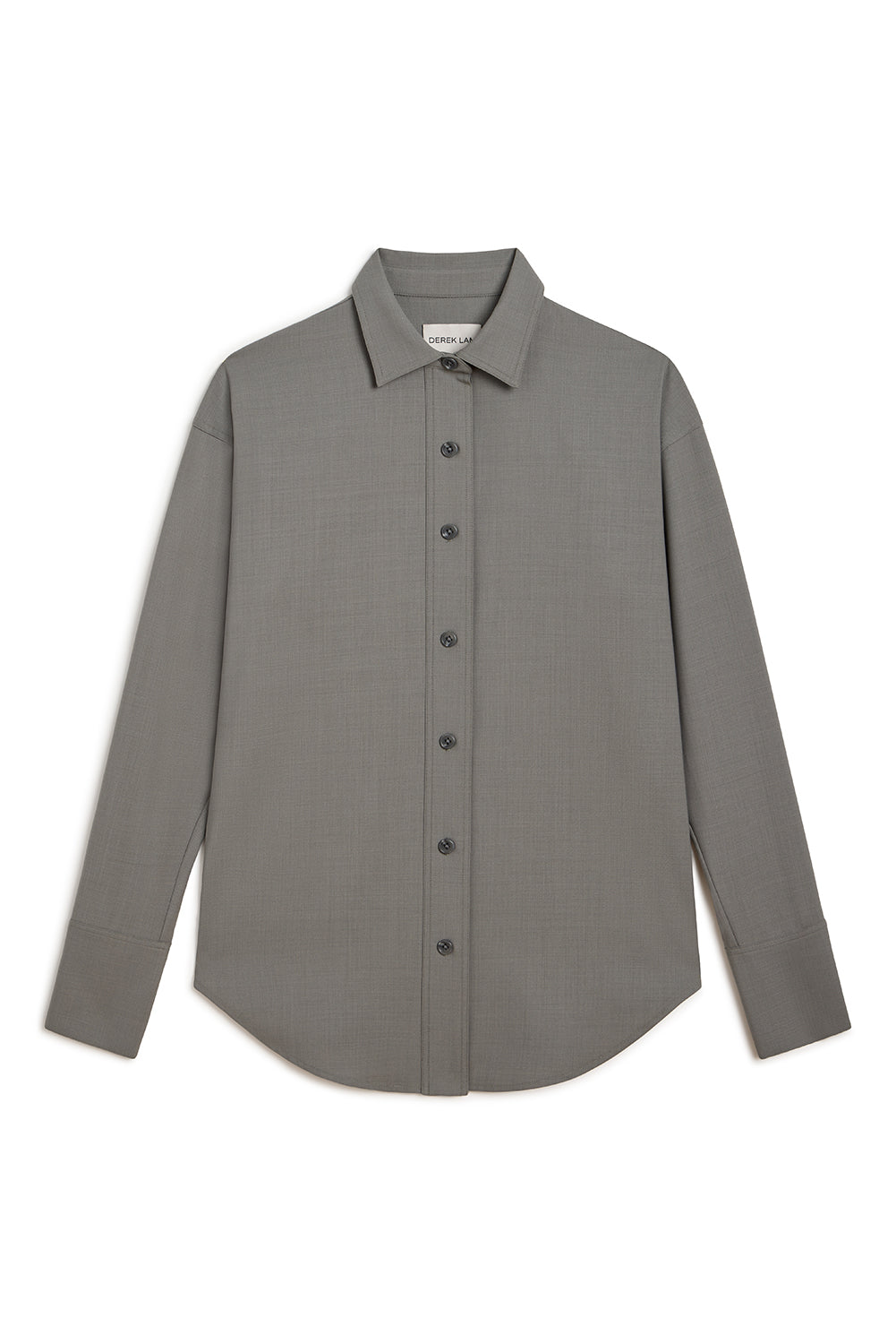 A long-sleeve button-down shirt in a solid medium gray color, laid flat against a clean white background.