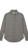 A long-sleeve button-down shirt in a solid medium gray color, laid flat against a clean white background.