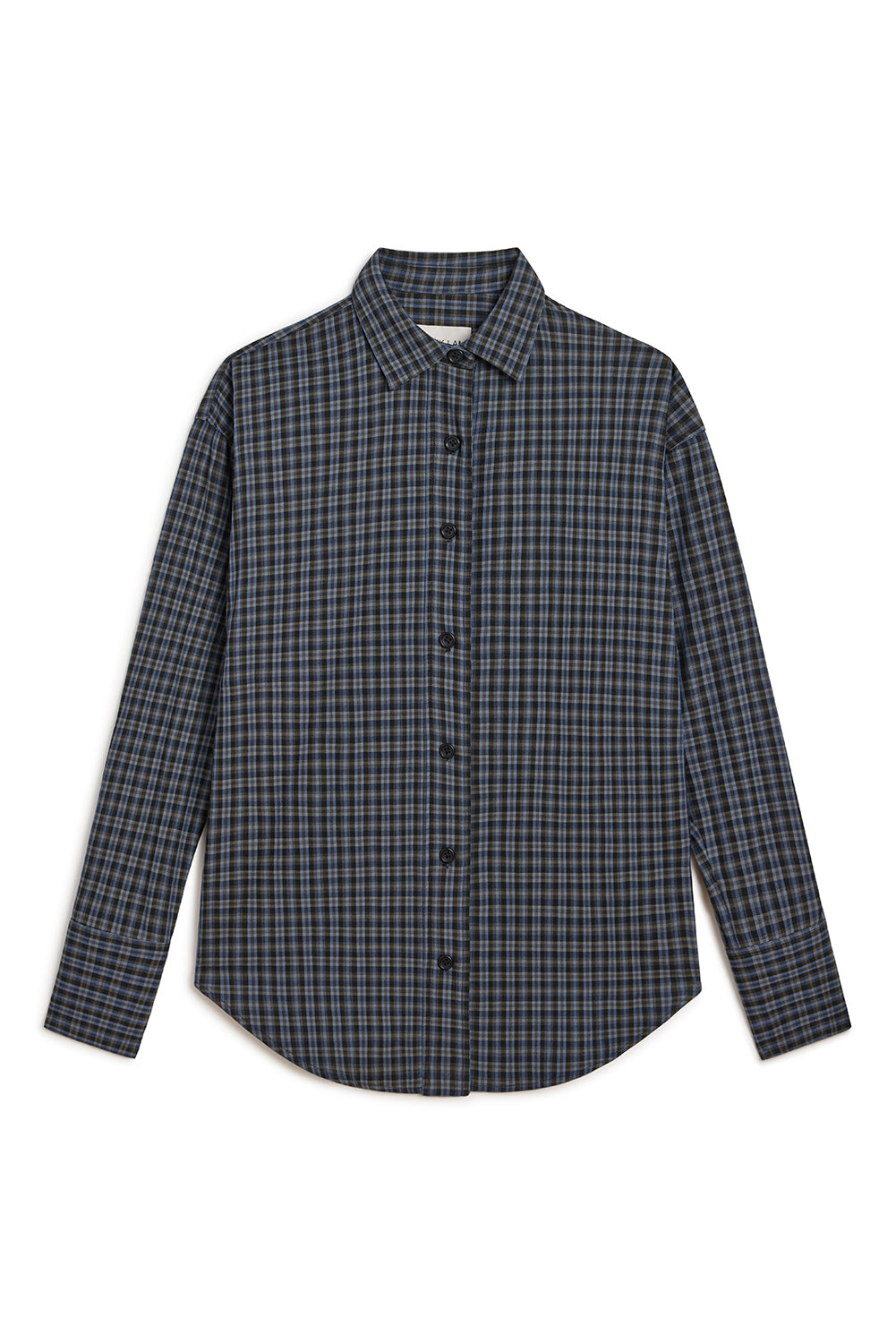 A long-sleeve button-up shirt with a dark gray and black plaid pattern, shown flat against a plain white background.