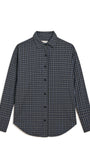 A long-sleeve button-up shirt with a dark gray and black plaid pattern, shown flat against a plain white background.