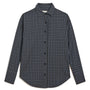 A long-sleeve button-up shirt with a dark gray and black plaid pattern, shown flat against a plain white background.