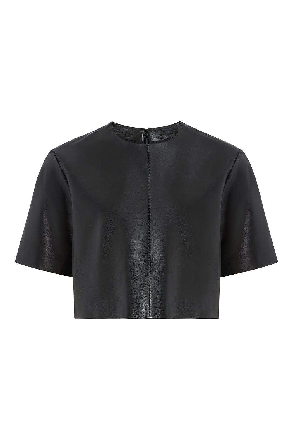 A black short-sleeve cropped jacket with a smooth leather-like finish, displayed flat against a solid white background.