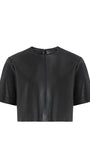 A black short-sleeve cropped jacket with a smooth leather-like finish, displayed flat against a solid white background.