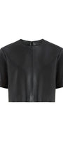 A black short-sleeve cropped jacket with a smooth leather-like finish, displayed flat against a solid white background.