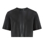 A black short-sleeve cropped jacket with a smooth leather-like finish, displayed flat against a solid white background.