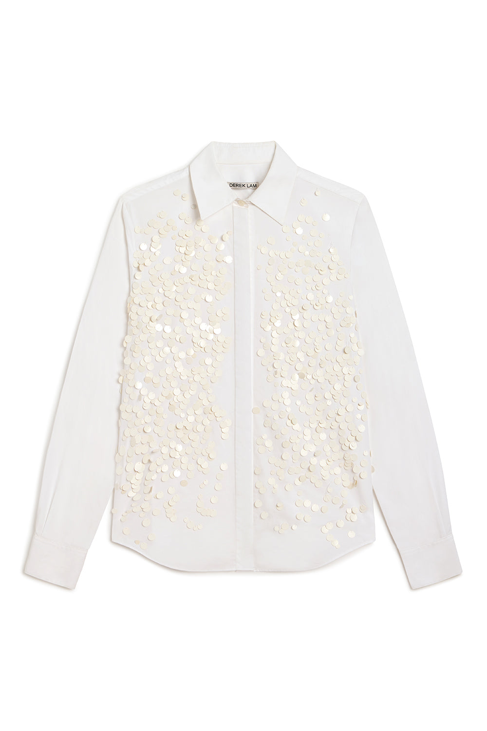 A white long-sleeve button-up shirt with intricate gold sequin and bead embellishments on the front panels, displayed flat against a white background.