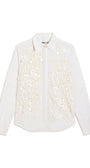 A white long-sleeve button-up shirt with intricate gold sequin and bead embellishments on the front panels, displayed flat against a white background.