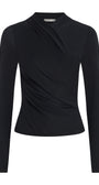 A black long-sleeve wrap-style top with a mock neck and draped front detail, shown against a plain white background.