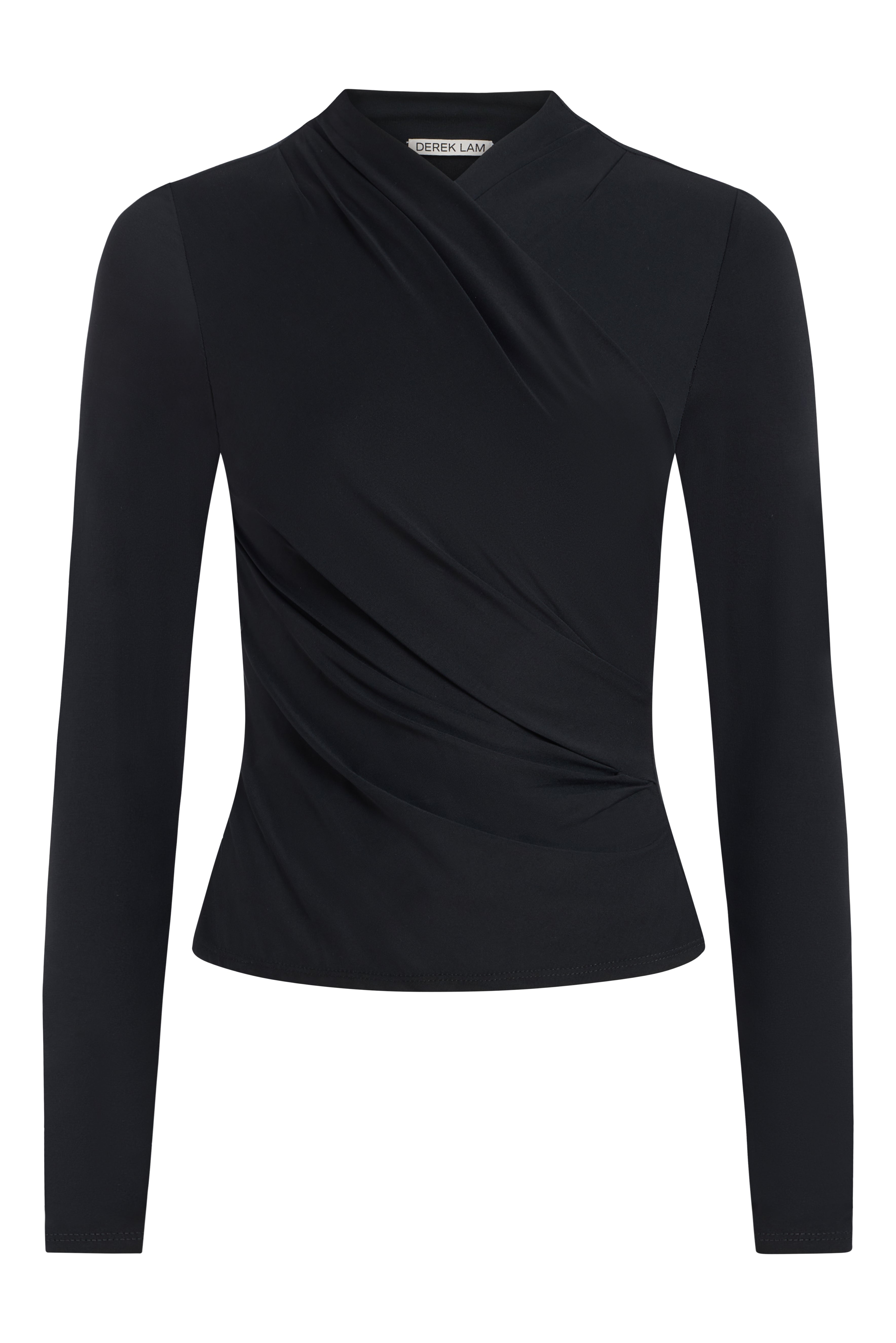 A black long-sleeve wrap-style top with a mock neck and draped front detail, shown against a plain white background.