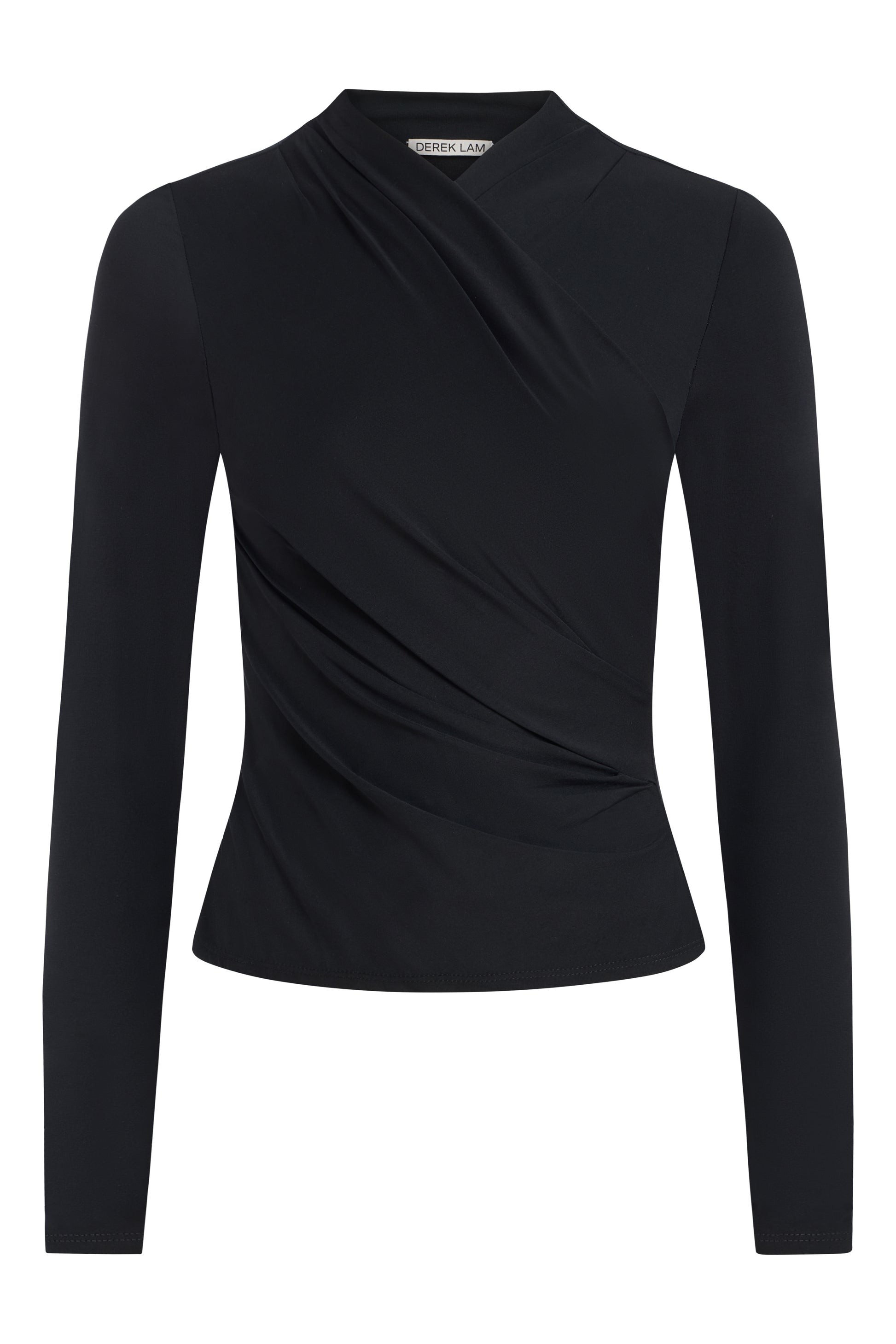 A black long-sleeve wrap-style top with a mock neck and draped front detail, shown against a plain white background.