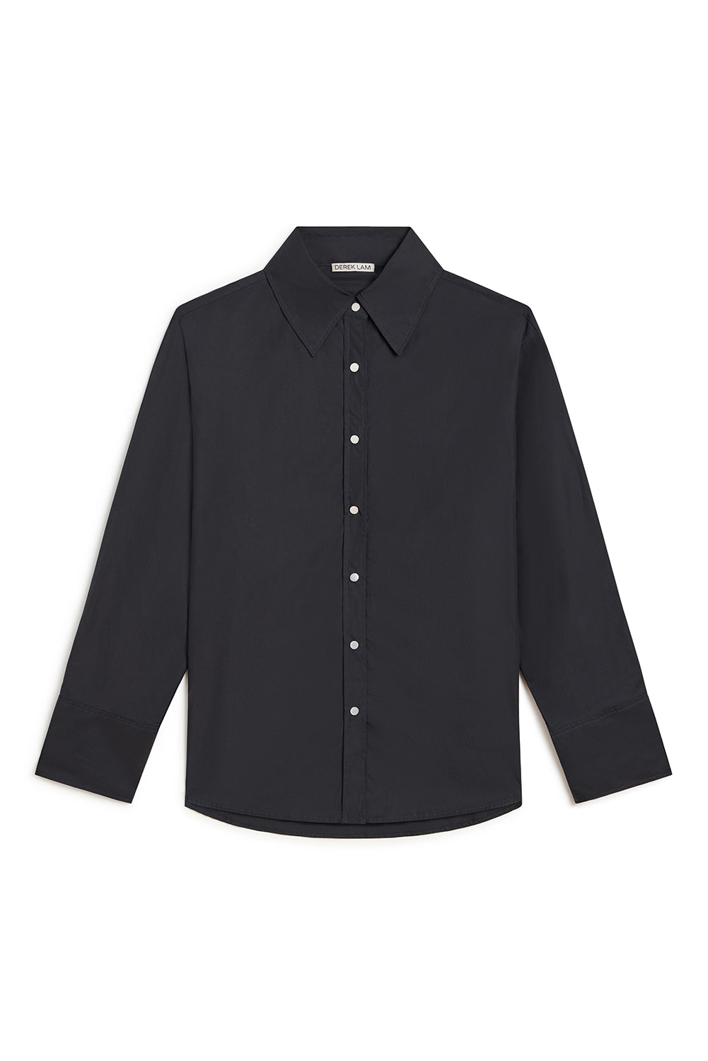 A black long-sleeve button-down shirt with a classic pointed collar and white buttons, displayed flat against a solid white background.