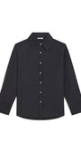 A black long-sleeve button-down shirt with a classic pointed collar and white buttons, displayed flat against a solid white background.