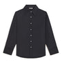 A black long-sleeve button-down shirt with a classic pointed collar and white buttons, displayed flat against a solid white background.