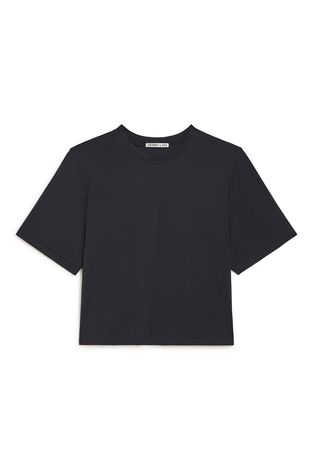 A black short-sleeve crewneck t-shirt laid flat against a solid white background.