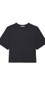A black short-sleeve crewneck t-shirt laid flat against a solid white background.
