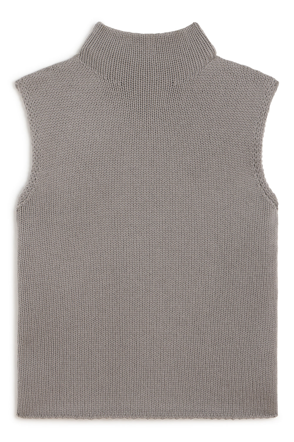 A sleeveless ribbed knit mock neck sweater vest in a solid taupe-gray color, shown flat against a white background.