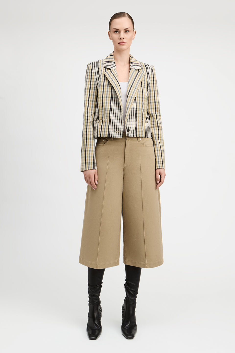 Mona Elongated Plaid Cropped Single Button Blazer