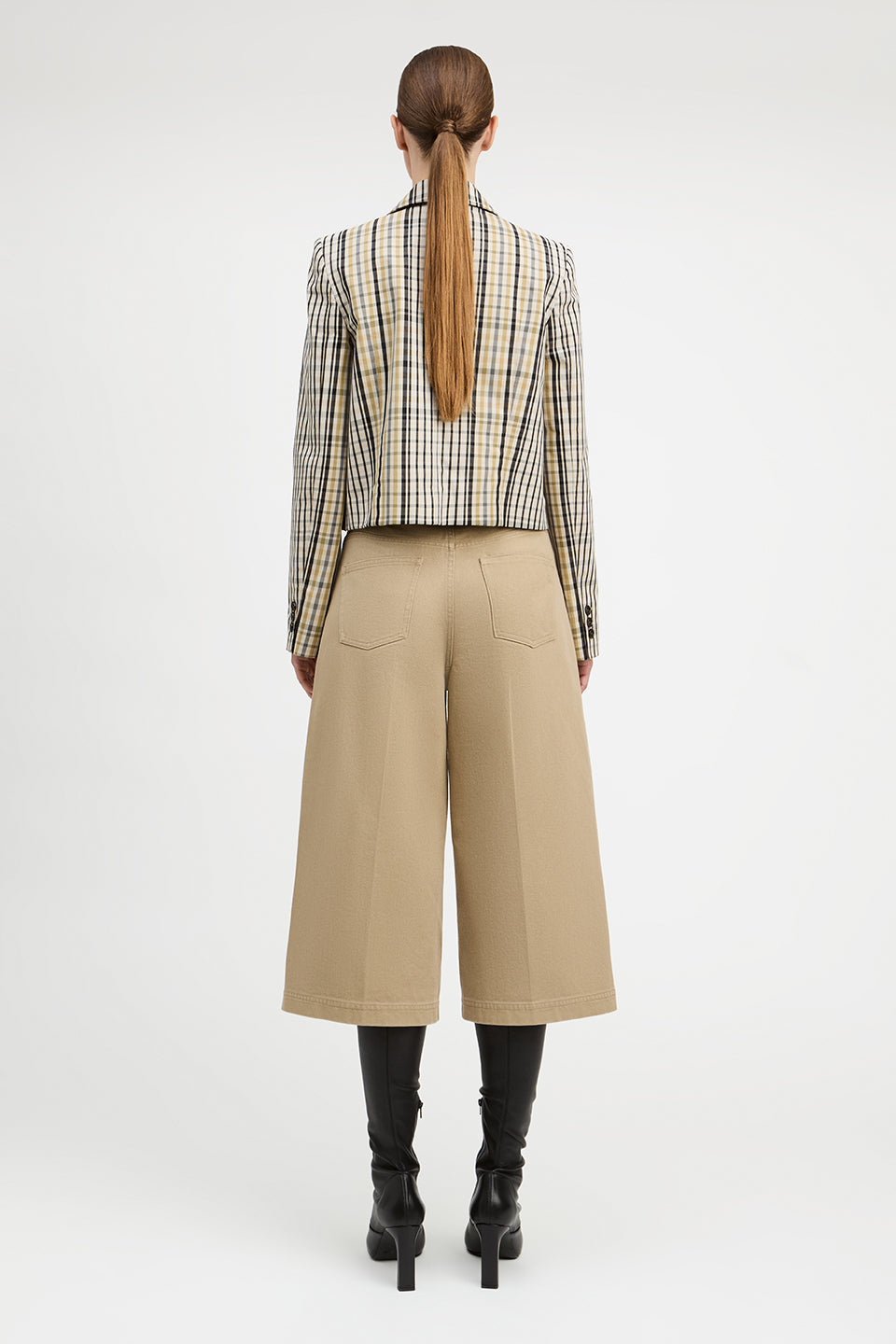 Mona Elongated Plaid Cropped Single Button Blazer
