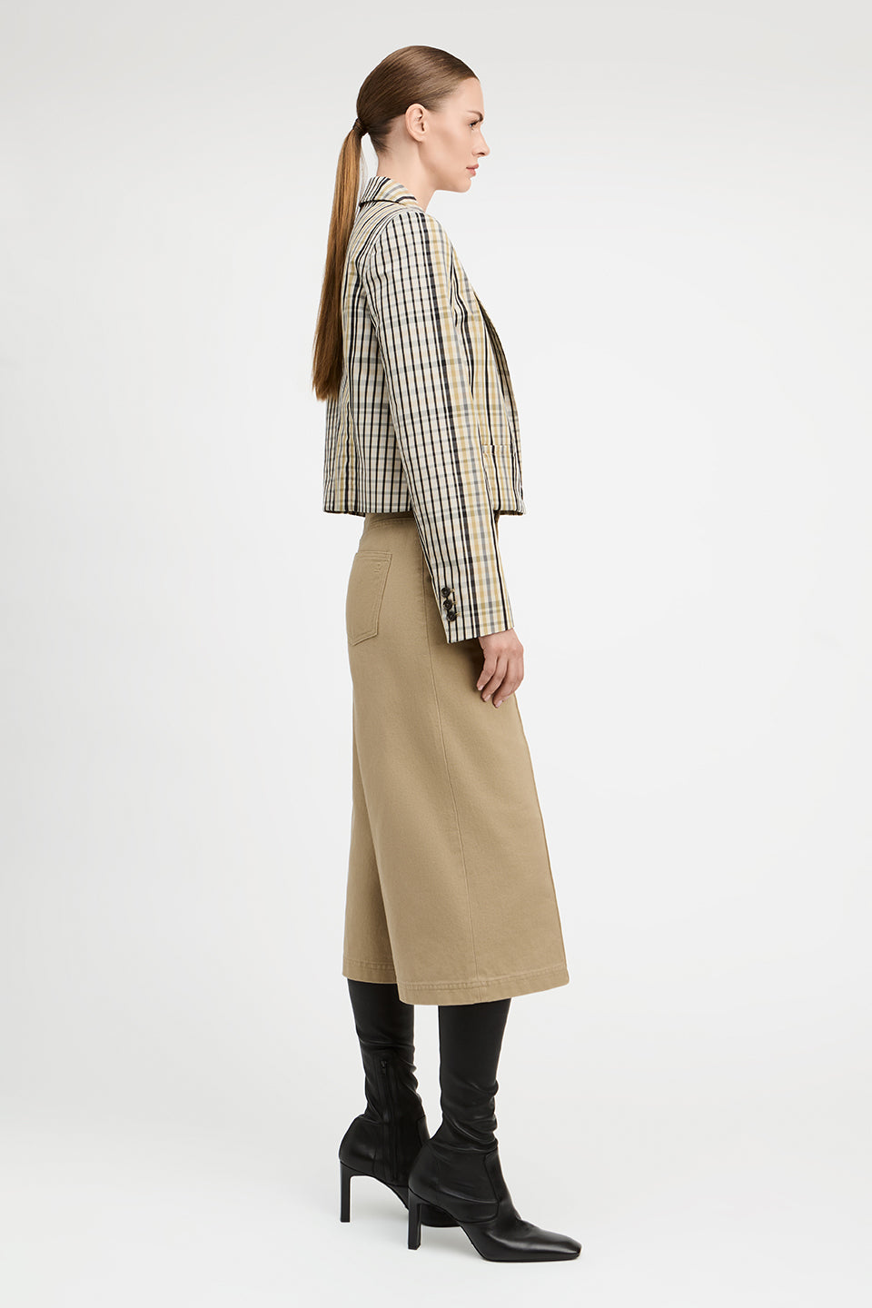Mona Elongated Plaid Cropped Single Button Blazer