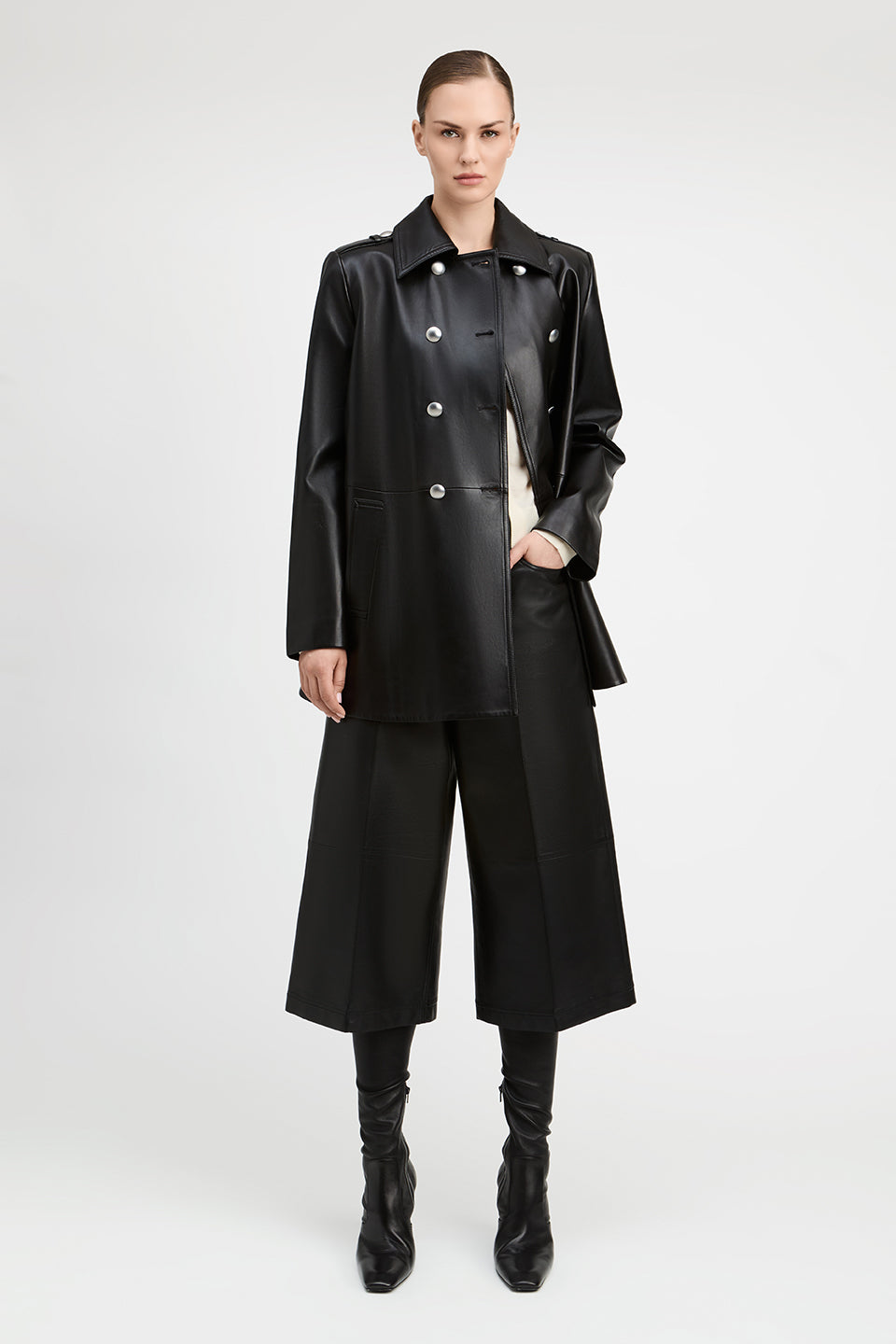 Juniper Lambskin Leather Double Breasted Swing Coat