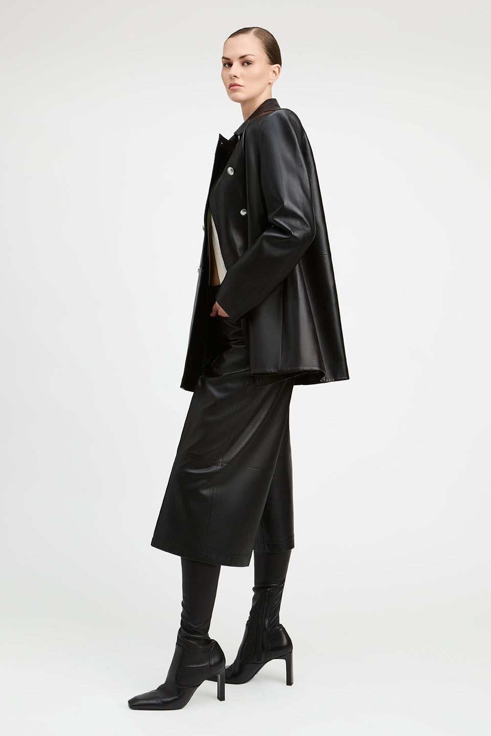 Juniper Lambskin Leather Double Breasted Swing Coat
