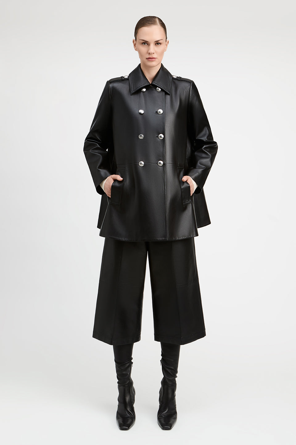 Juniper Lambskin Leather Double Breasted Swing Coat