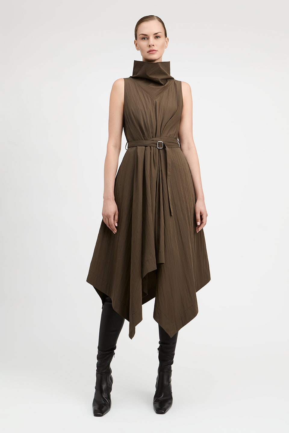 Indie Crinkle Cotton Funnel Neck Asymetric Hem Dress