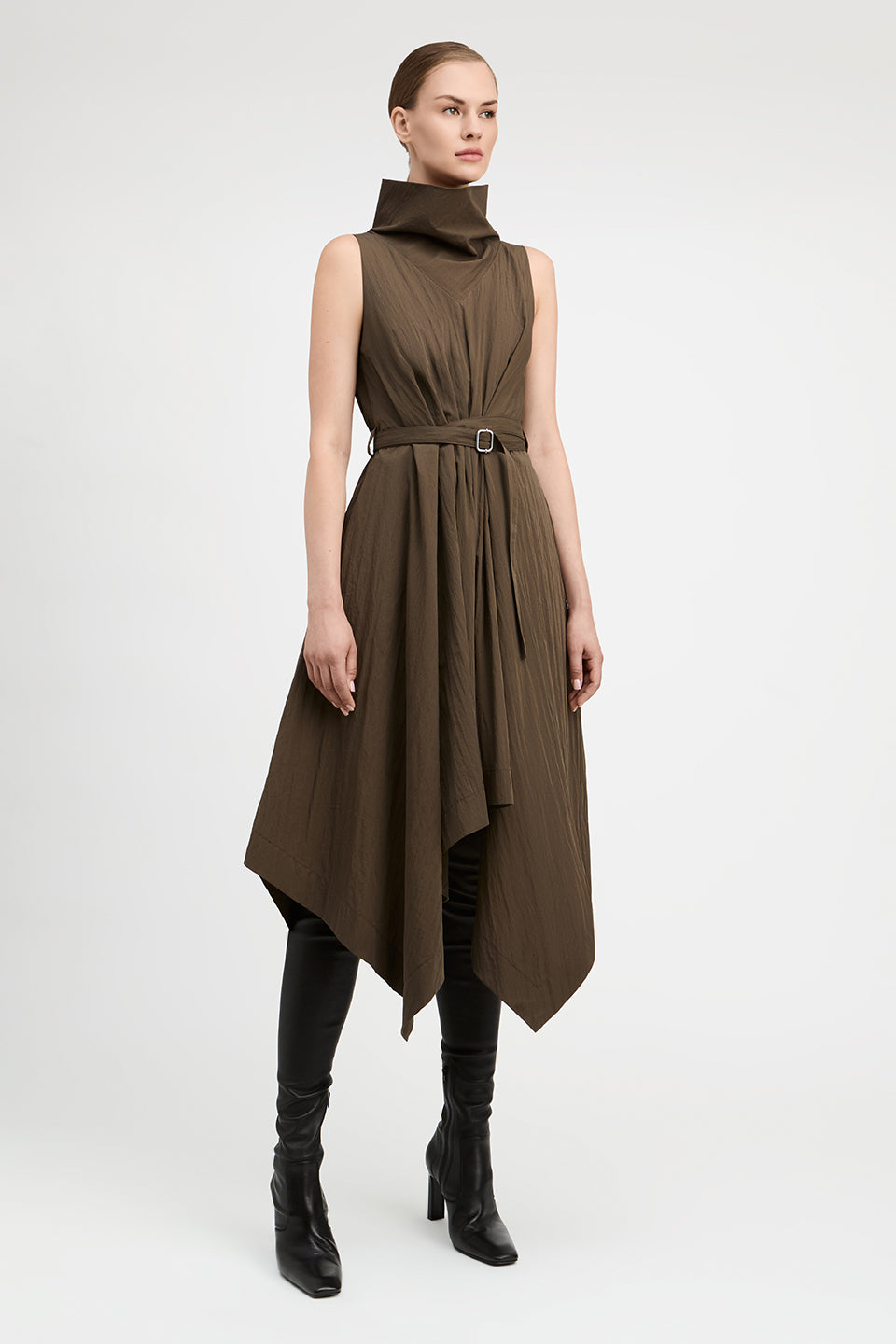 Indie Crinkle Cotton Funnel Neck Asymetric Hem Dress