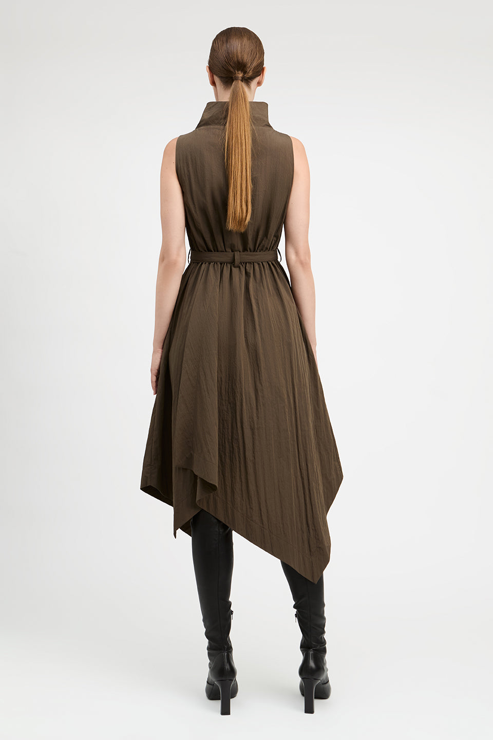 Indie Crinkle Cotton Funnel Neck Asymetric Hem Dress