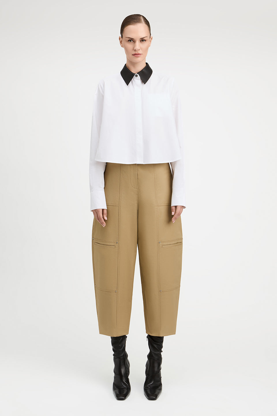Patti Cotton Poplin Cropped Shirt With Leather Collar