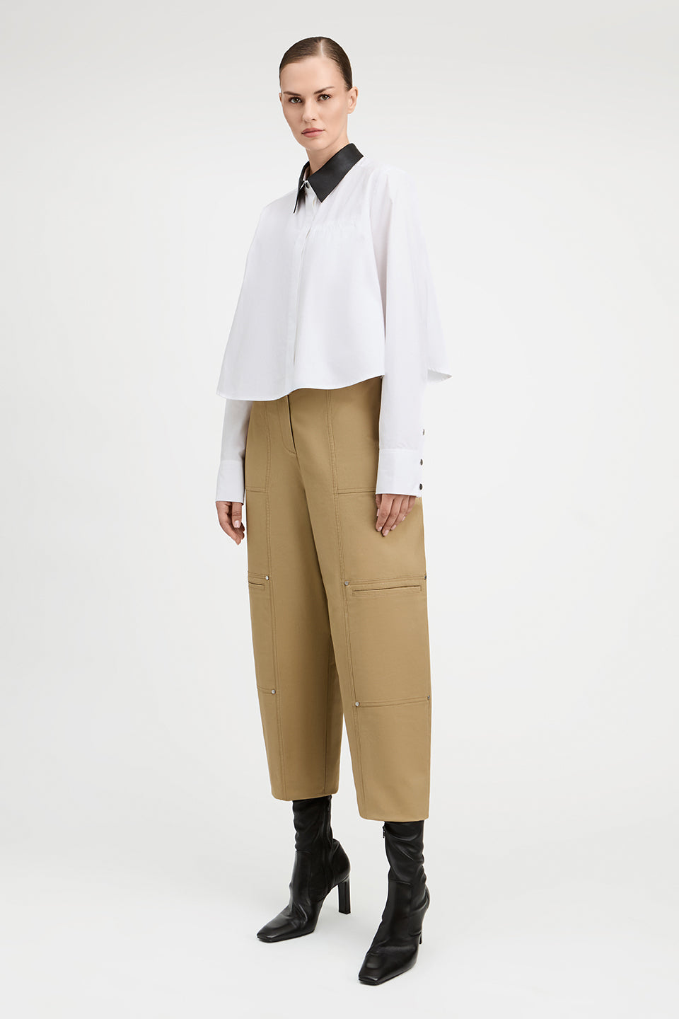 Patti Cotton Poplin Cropped Shirt With Leather Collar