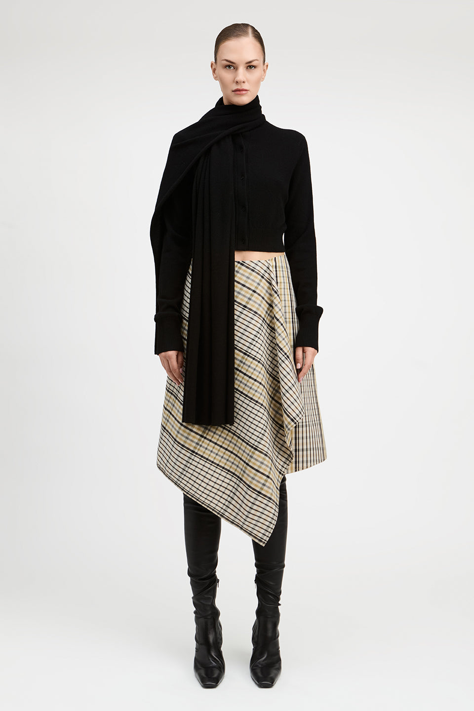 Alexander Elongated Plaid Draped Front Asymmetric Skirt
