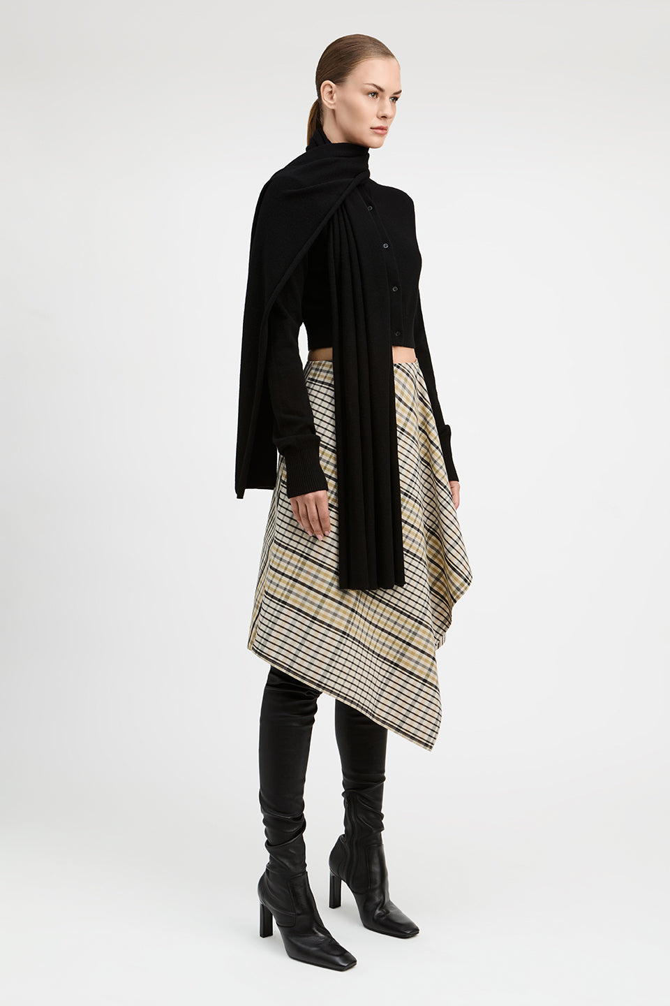 Alexander Elongated Plaid Draped Front Asymmetric Skirt