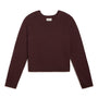 A dark burgundy knit long-sleeve crop sweater with raglan sleeves, laid flat against a solid white background.
